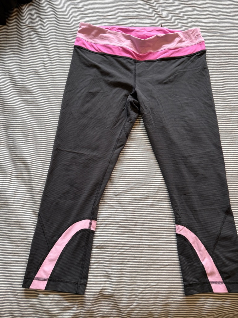 Lululemon Black Leggings with Pink Waistband and Grey Pinstripe Accents